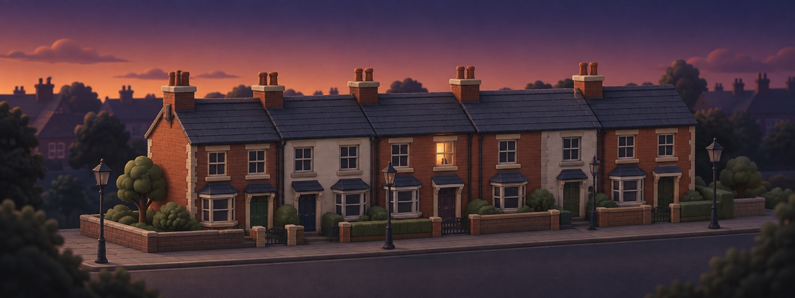 A UK terraced street at dusk during a power cut, with dark streetlights and one window lit by a torch